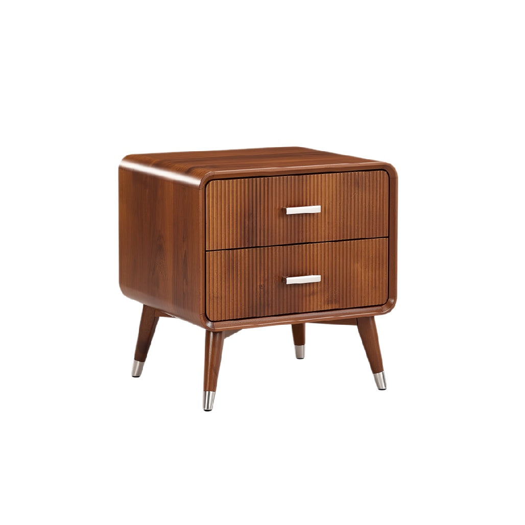 Mid-Century Modern Wooden Nightstand with Two Drawers and Tapered Legs