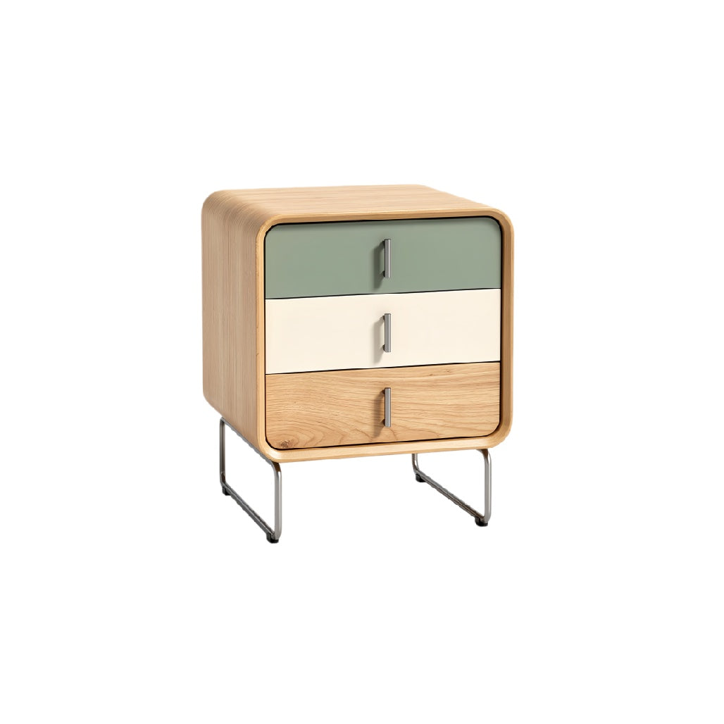 Modern Wooden Nightstand with Colorful Drawers and Metal Legs